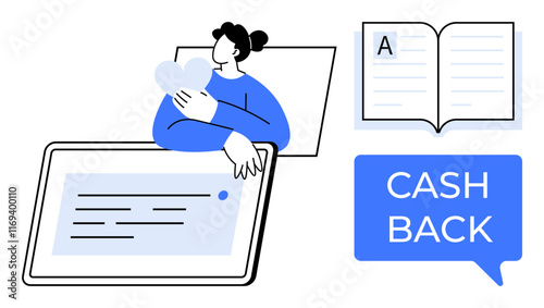 Person cradling a heart while engaging with a book and a large screen. Includes Cash Back in a blue speech bubble. Ideal for personal finance, digital content, e-learning, online shopping rewards