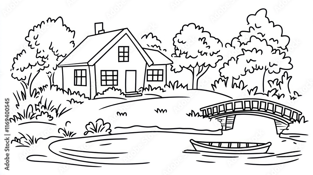 Fototapeta premium A charming house beside a peaceful lake with a small boat and bridge