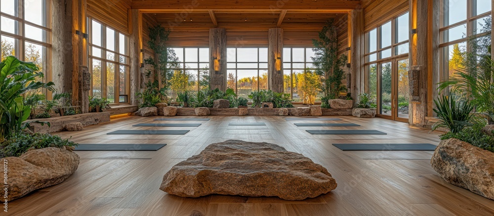 Serene yoga studio with large windows, wooden floors, and natural rock features. Serene yoga studio with large windows, wooden floors, and natural rock features.