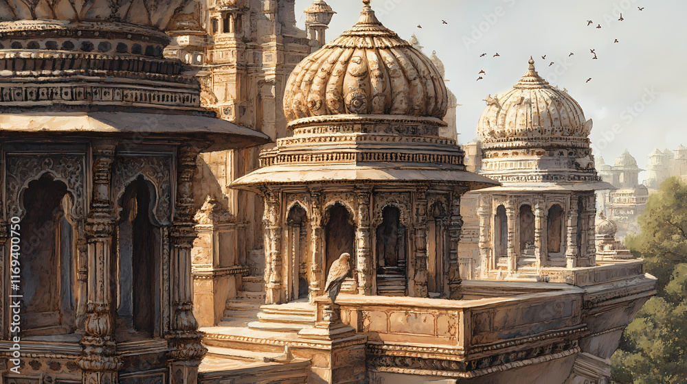 Obraz premium The intricately designed cenotaphs at the royal gaitor in jaipur, with detailed carvings and domes. Cenotaph. Illustration