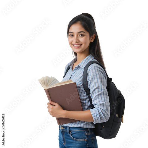 Portrait of young Asian Thai girl student holding book isolated