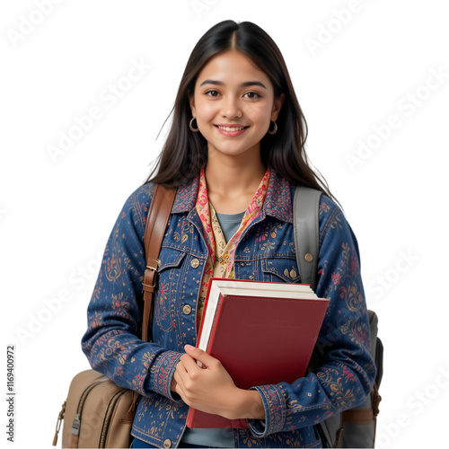 Portrait of young Asian Thai girl student holding book isolated