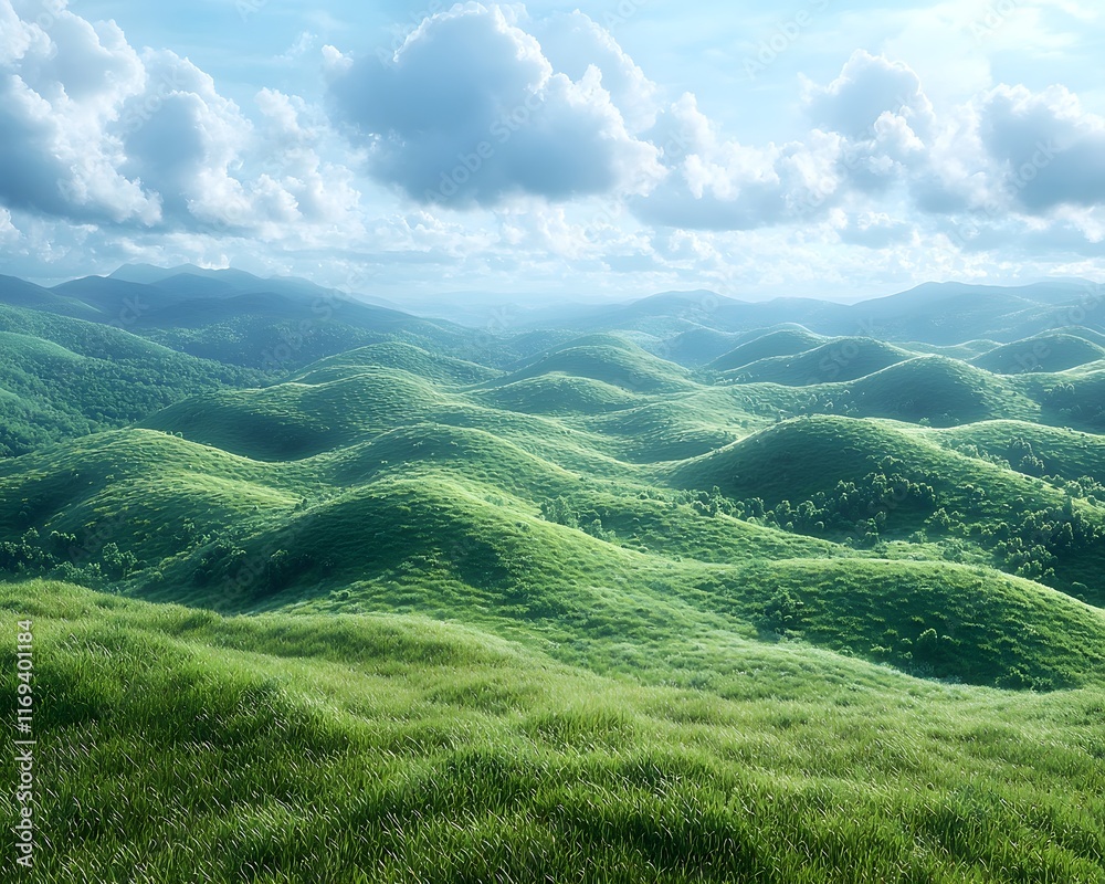 Naklejka premium Serene Mountain Landscape with Drifting Clouds and Lush Green Hills