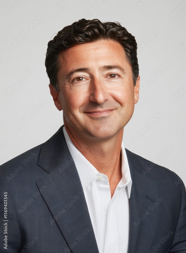 Professional Portrait of a Confident Businessman in a Suit Smiling Against a Neutral Background, Ideal for Corporate and Leadership Concepts Professional Portrait of a Confident Businessman in a Suit Smiling Against a Neutral Background, Ideal for Corporate and Leadership Concepts