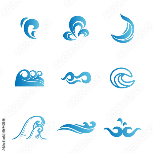 Water or wave collection blue color logo and icons flat sytle 