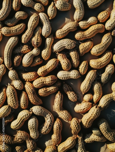 Dried peanuts spread out for roasting on a wooden surface in natural light during late afternoon photo