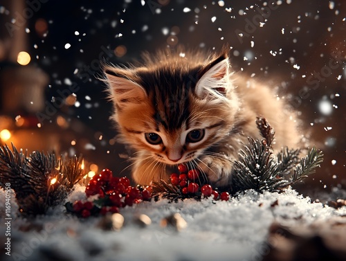 Mischievous Christmas cat dashing through a snowy landscape fluffy calico kitten scampering amidst glistening icicles and holly twinkling fairy lights illuminating pine boughs photo