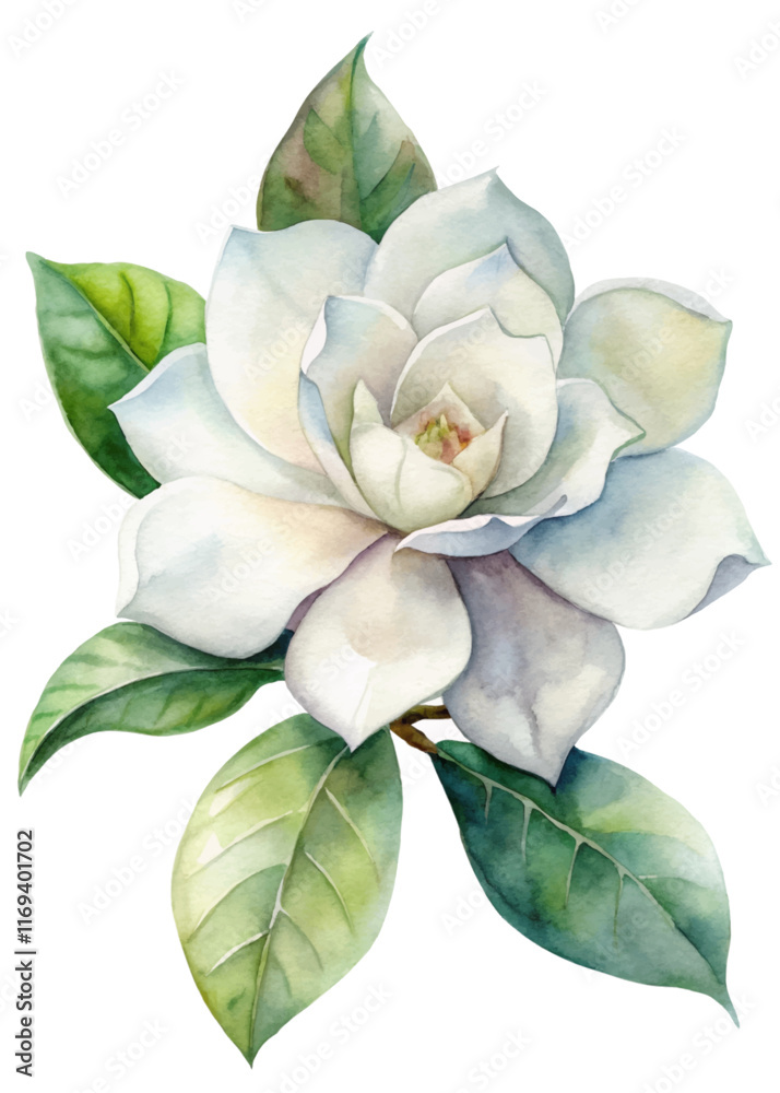 Elegant white flower, watercolor style, botanical illustration, soft green leaves, nature art, floral design.