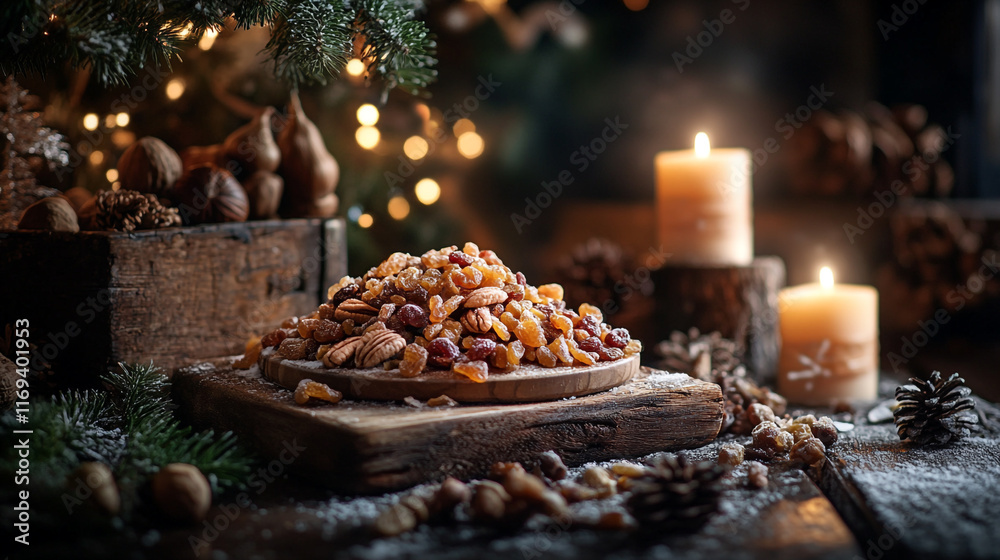 Holiday snack display with nuts and dried fruits in a cozy setting Holiday snack display with nuts and dried fruits in a cozy setting