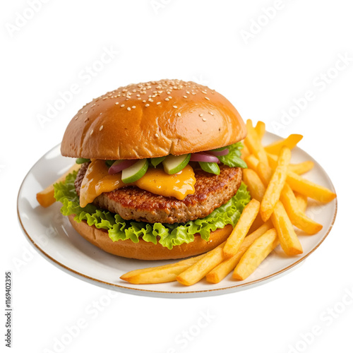 Delicious burger with crispy fries on a blue plate against a white background