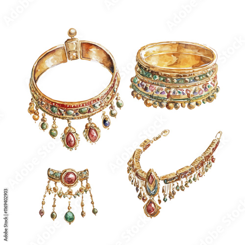 A watercolor vector painting of an intricate gold jewelry set, isolated on a white background. Intricate gold jewelry set vector.

