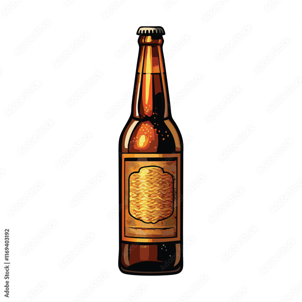 Create a realistic vector illustration of a classic brown glass beer bottle with a gold label. Create a realistic vector illustration of a classic brown glass beer bottle with a gold label.