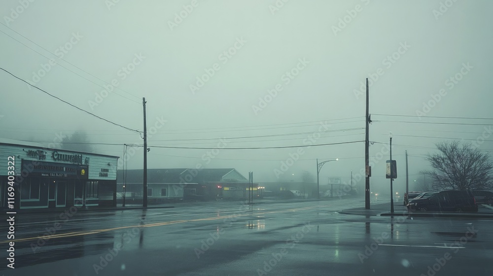 Mysterious Foggy Urban Scene with Empty Street and Dim Lighting
