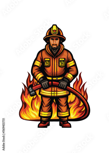 A realistic vector illustration of a firefighter in full uniform holding a fire hose.