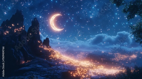 Wallpaper Mural Dreamy Night Landscape with Moonlit Sky and Sparkling Stars Torontodigital.ca