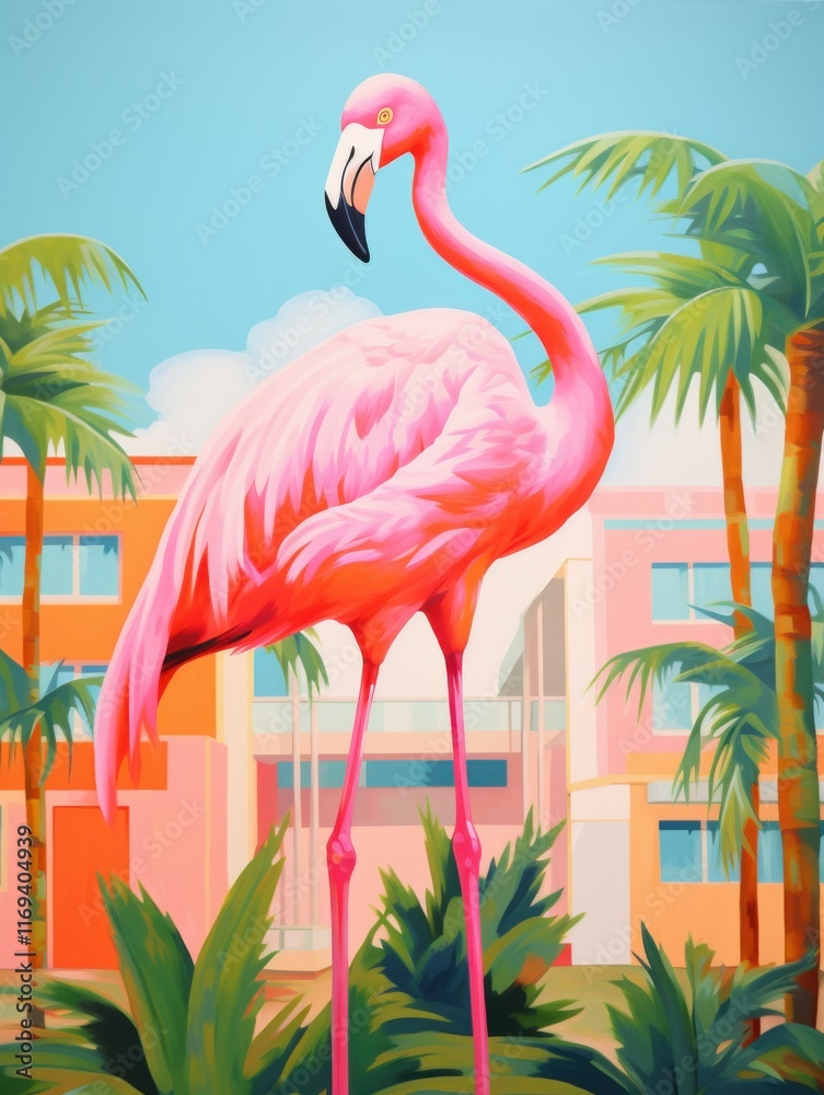 Fototapeta premium Vibrant pink flamingo stands tall amidst tropical palm trees and colorful buildings in bright daylight