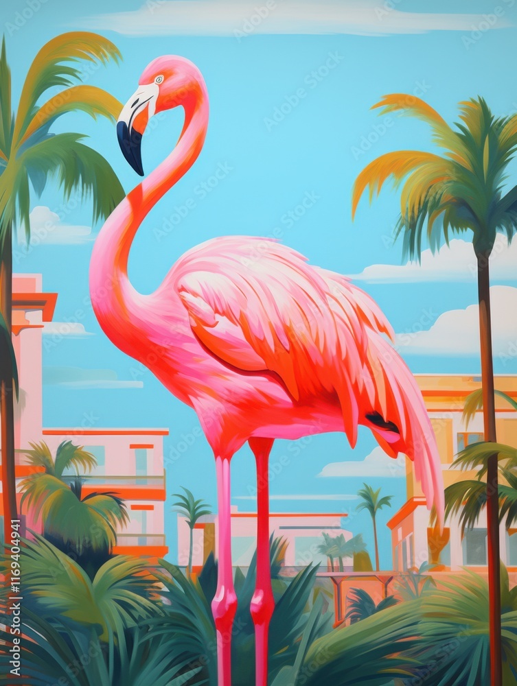 Fototapeta premium Vibrant pink flamingo standing gracefully amid lush greenery and tropical palms against a bright blue sky with modern architecture in the background