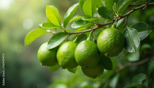 Wallpaper Mural Limes Hanging on a Branch: Vibrant Green Citrus Fruits Growing on a Lush Tree in a Sunny Orchard Torontodigital.ca