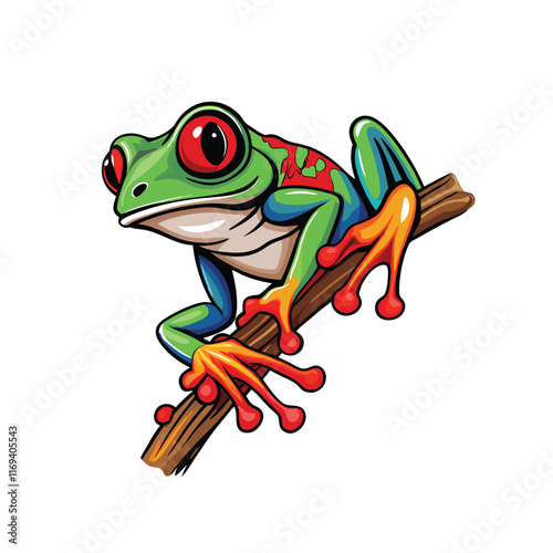 Generate a realistic vector illustration of a red-eyed tree frog clinging to a branch.