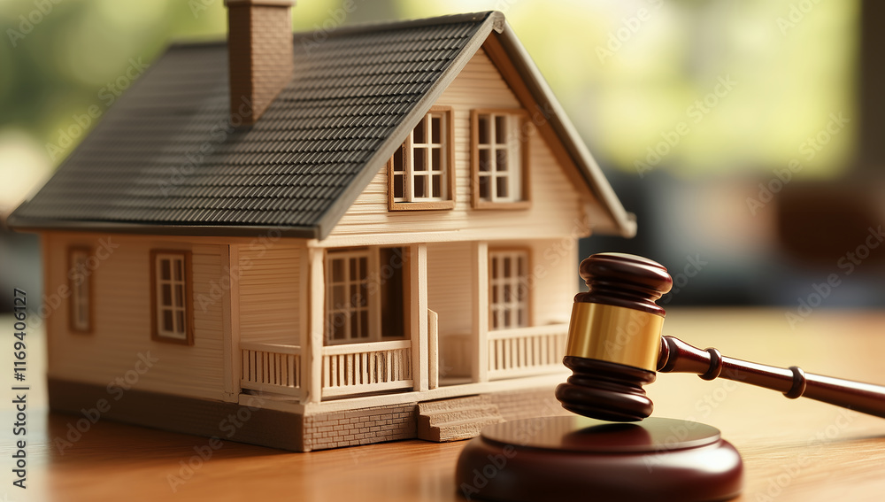 Detailed wooden house model with a gavel symbolizing real estate law and justice Detailed wooden house model with a gavel symbolizing real estate law and justice