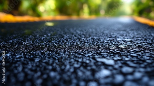 Close-Up View of Wet Asphalt Road Surface Amidst Lush Greenery in a Tranquil Nature Setting on a Sunny Afternoon with Soft Light Glimmering on the Wet Surface photo