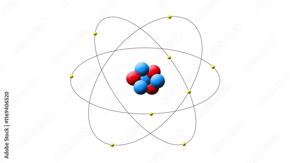 Atom Structure Animation with Orbiting Electrons Around Nucleus. Model of Atomic Particle Simulation in white background