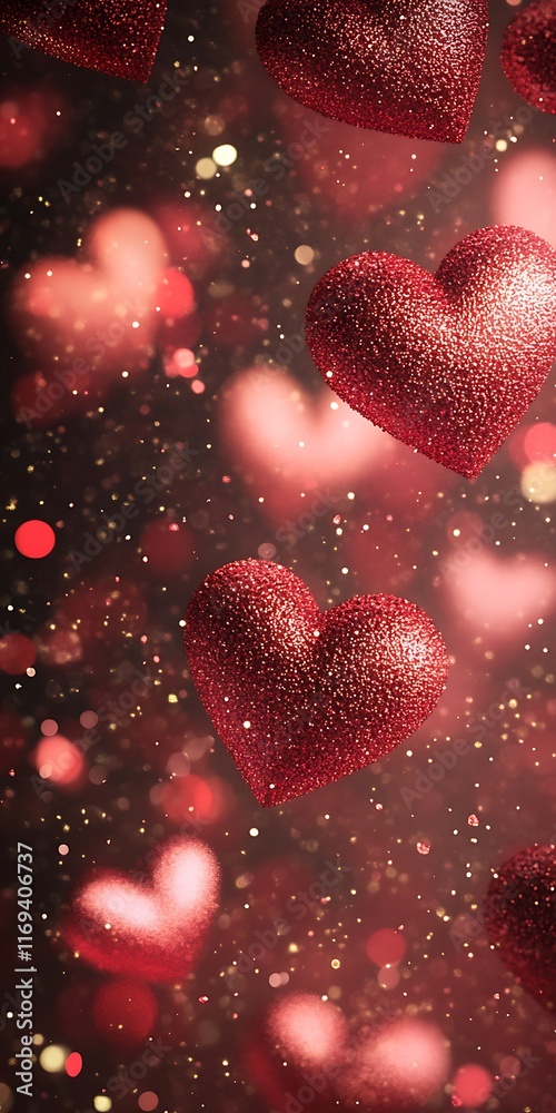 Red glitter hearts falling on bokeh background. Red glitter hearts falling on bokeh background.