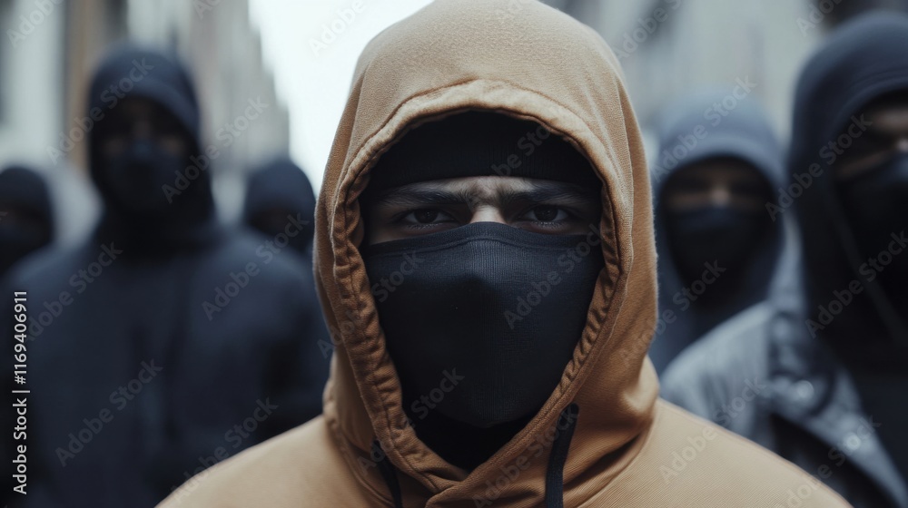 Group of individuals in dark hoodies and masks gathering in an urban setting, conveying a sense of unity and determination during late evening hours Group of individuals in dark hoodies and masks gathering in an urban setting, conveying a sense of unity and determination during late evening hours