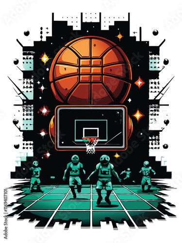 A retro basketball game with pixelated 80s video aesthetics.