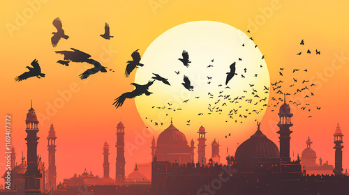 Pigeons flying in the sky in front of jama masjid during sunset. Cenotaph. Illustration