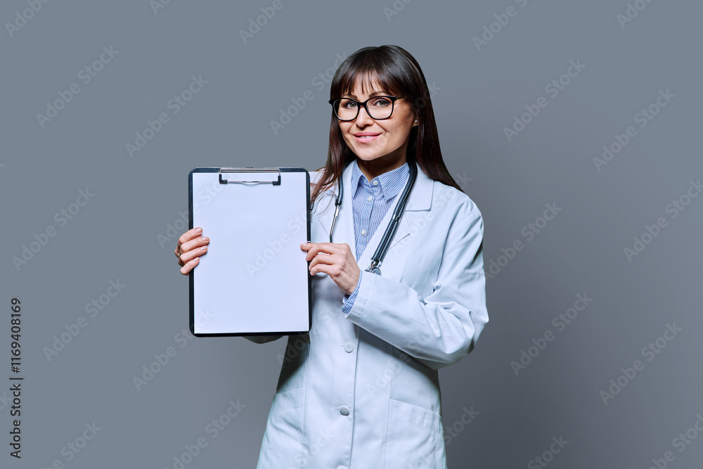 Female doctor showing clean empty paper on clipboard on grey studio background Female doctor showing clean empty paper on clipboard on grey studio background