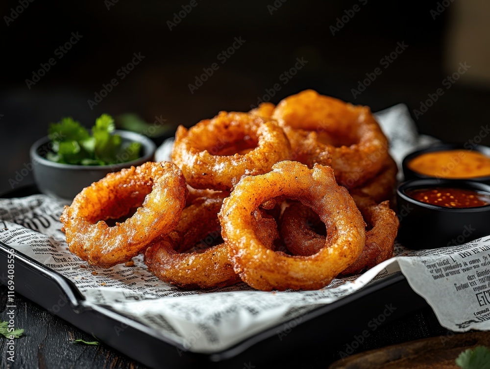 Crispy fried onion rings served on a black plate with assorted dipping sauces at a casual dining setting Crispy fried onion rings served on a black plate with assorted dipping sauces at a casual dining setting