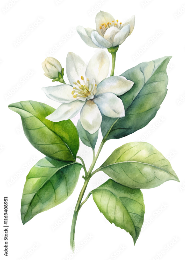 Obraz premium Watercolor floral illustration, white flowers, green leaves, botanical art, nature-inspired design, elegant decor.