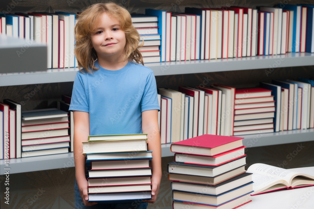 School boy with stack of books in library. School child studying in classroom at elementary school. Kid studying on lesson in class at elementary school. School boy with stack of books in library. School child studying in classroom at elementary school. Kid studying on lesson in class at elementary school.