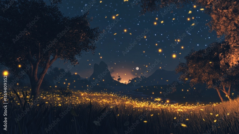 Magical night scene with fireflies illuminating a field, trees, and distant mountains under a starry sky. Magical night scene with fireflies illuminating a field, trees, and distant mountains under a starry sky.