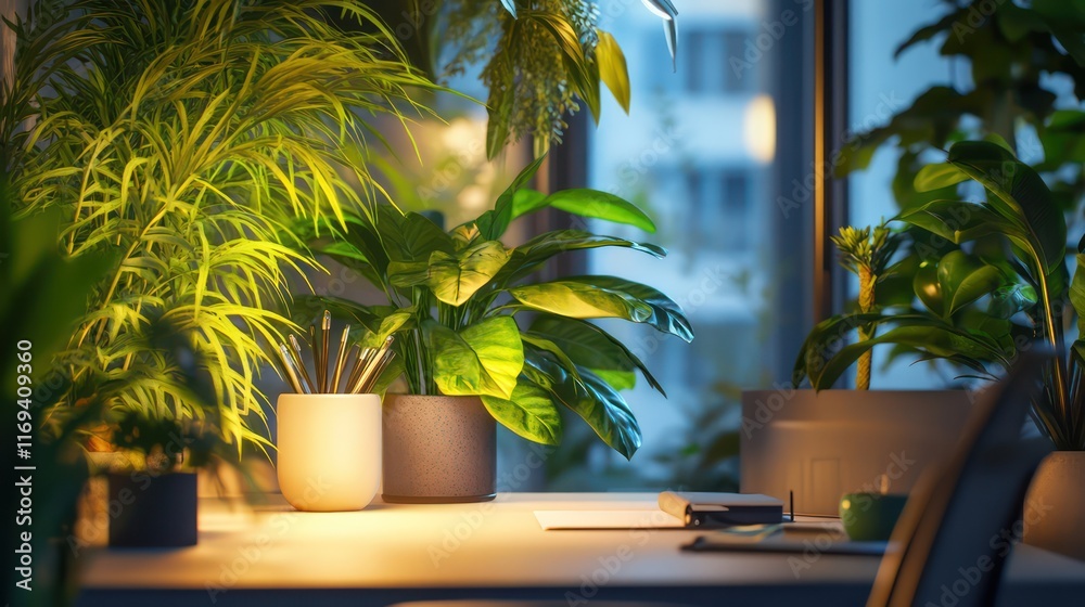 Fototapeta premium A serene office environment with calming plants, a desk, and soft lighting for a productive work-life balance.