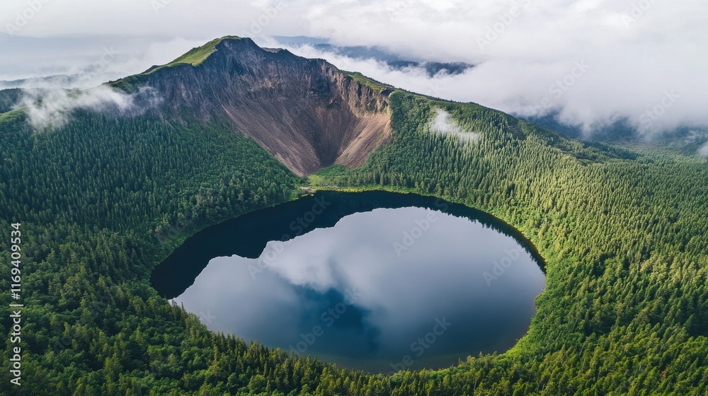 Fototapeta premium Mountainous landscape features a stunning crater lake surrounded by lush forest and misty clouds at dawn