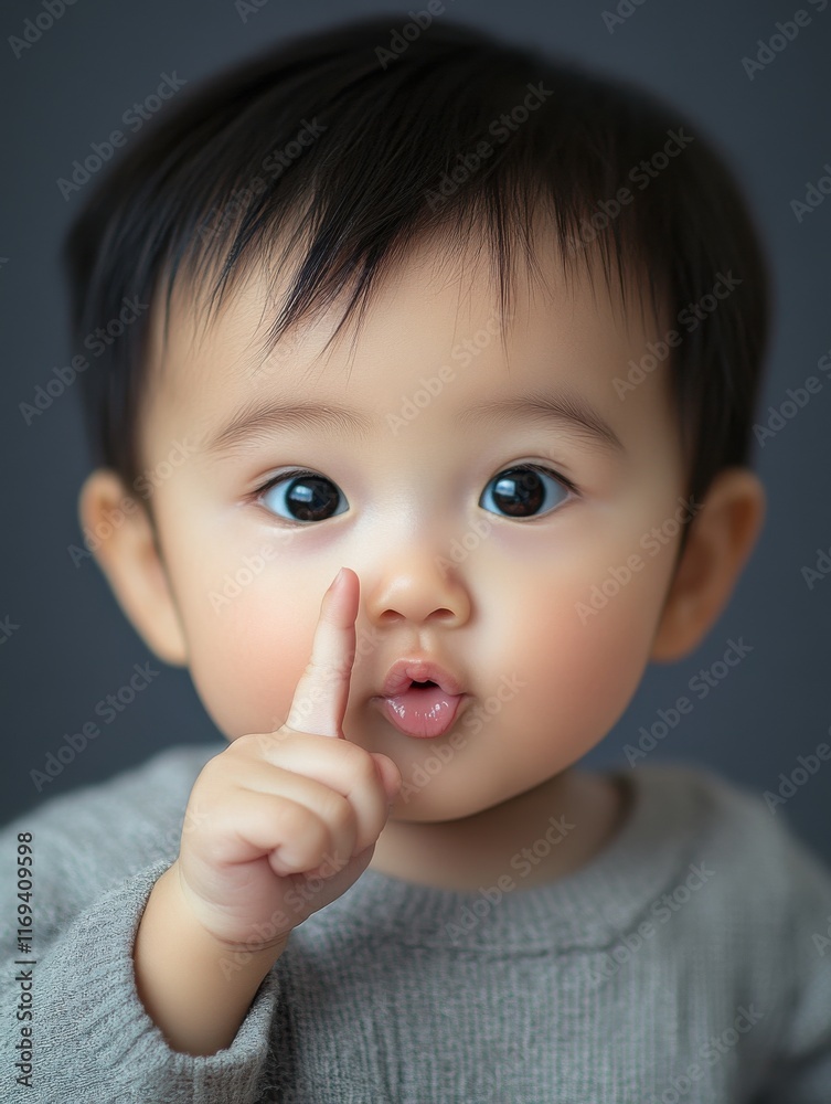 Cute toddler making a shushing gesture with a playful expression while wearing a cozy sweater indoors during a serene moment Cute toddler making a shushing gesture with a playful expression while wearing a cozy sweater indoors during a serene moment