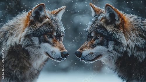Wallpaper Mural Two Cautious Wolves Facing Off in Snowy Winter Wilderness Torontodigital.ca