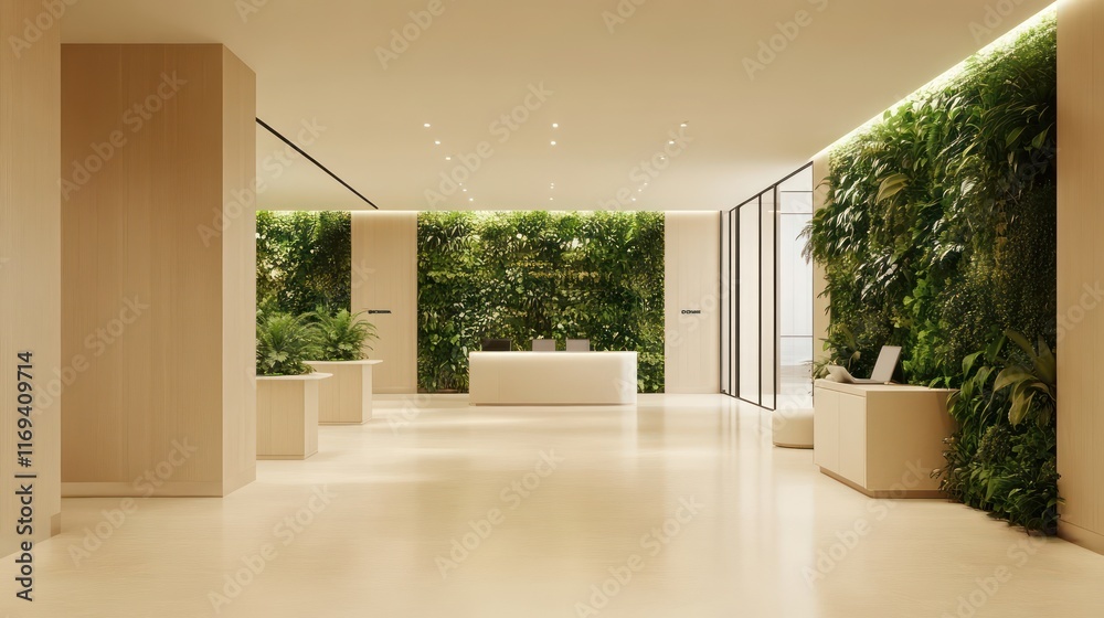 Fototapeta premium A serene open office with soft beige tones, vertical garden walls, and energy-efficient lighting systems