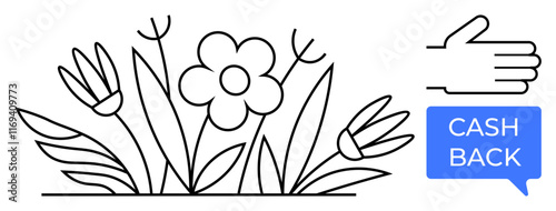 Hand gesture beside cash back text bubble, flowers with central daisy and tulips. Ideal for savings, rewards, finance, customer incentives, discounts, nature business growth. Minimalist abstract