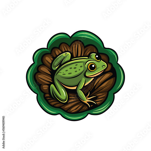 A top-down view vector illustration of a green frog floating on a lily pad. photo