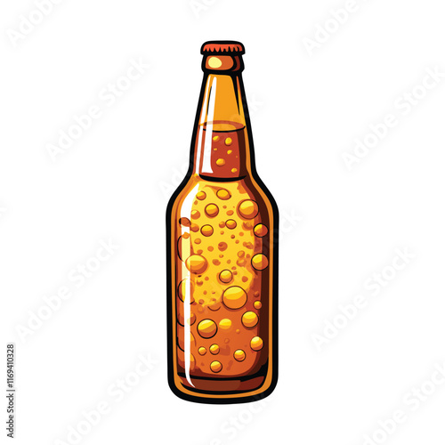 A transparent glass beer bottle filled with golden liquid and bubbles.