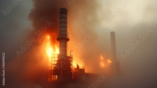 Dramatic Power Plant Incident with Towering Flames Plumes of Acrid Smoke and Desperate Rescue Efforts to Evacuate Injured Workers Amid an Eerie Apocalyptic Glow in a Cinma Vrit Documentary Style photo