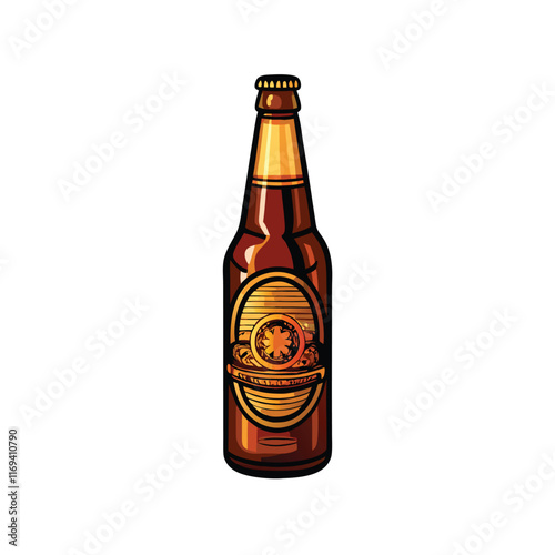 Vector illustration of a brown beer bottle with a classic logo featuring a stylized leaf.