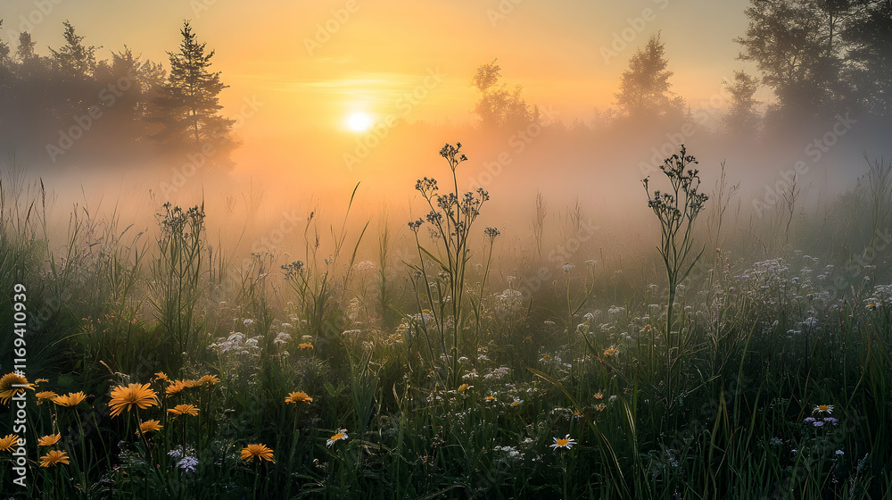 A serene sunrise over a foggy meadow with tall grasses and wildflowers, softly lit by golden light A serene sunrise over a foggy meadow with tall grasses and wildflowers, softly lit by golden light