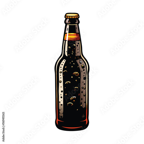 Vector illustration of a clear glass beer bottle with dark beer inside.
