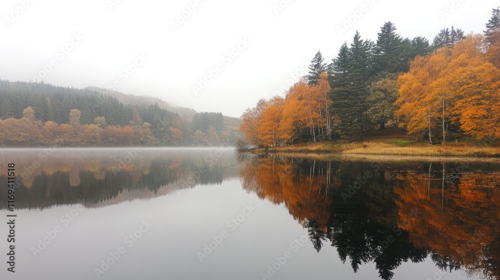 Obraz premium Autumnal lake reflecting colorful trees and foggy hills