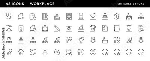 Office and workplace icon collection. Workplace, work group, deadline, office building, time management, documents and more. Editable stroke. Pixel Perfect. Grid base 32px.