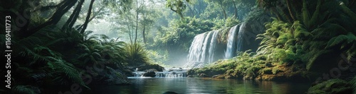 Panoramic view of the tropical forest and waterfall landscape in Papua New Guinea, on a white background